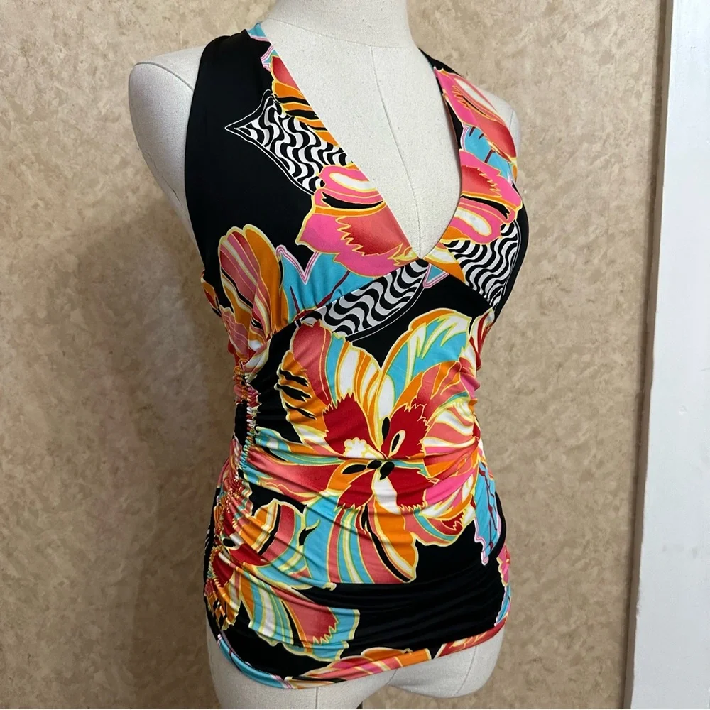 VTG Y2K 2000s Tropical Floral Hibiscus Flower Colorful Halter Tank Top - Picture 2 of 7